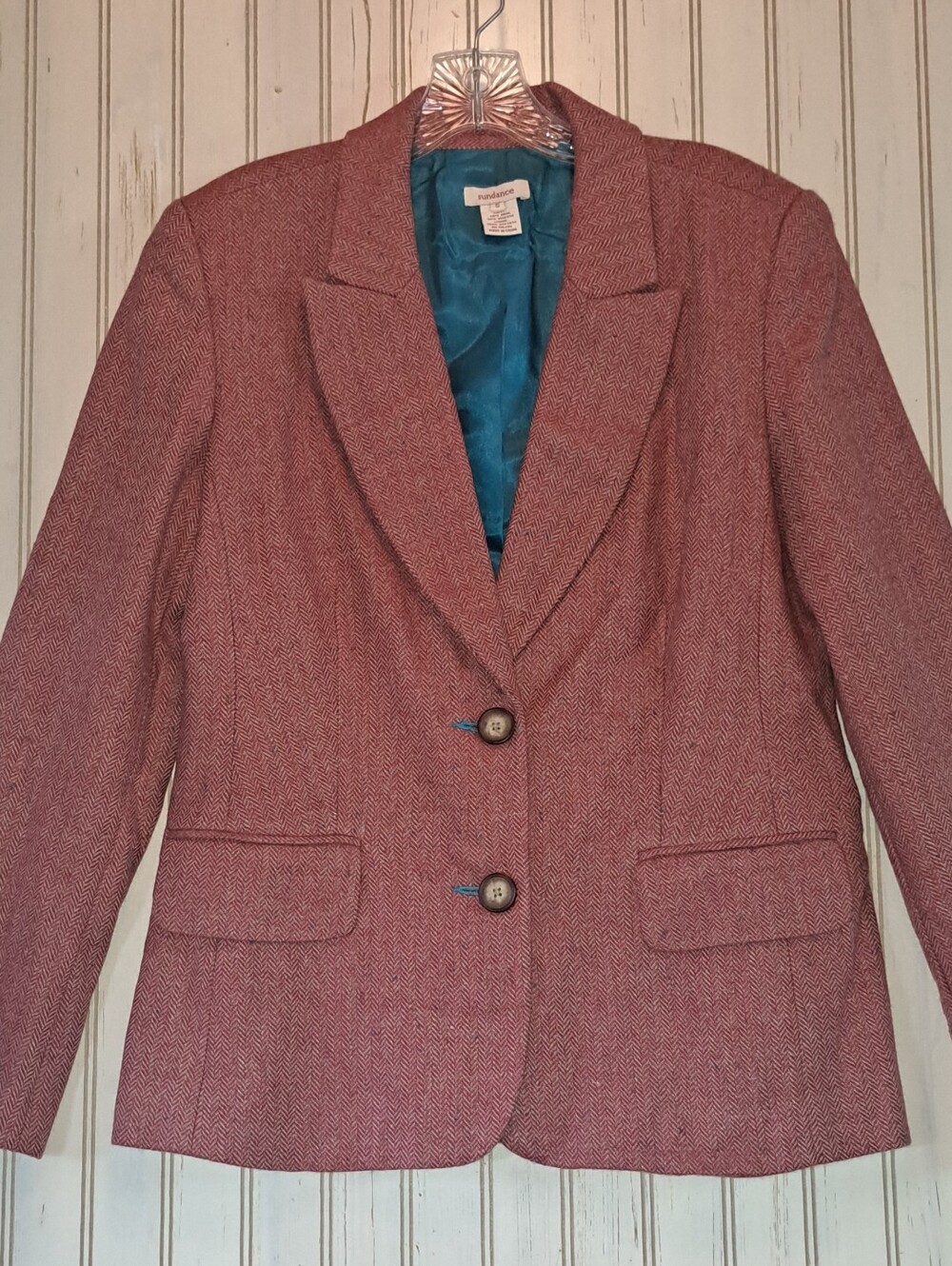 Sundance Red Confetti Herringbone Wool Viscose Blazer Jacket Blue Accents Small
